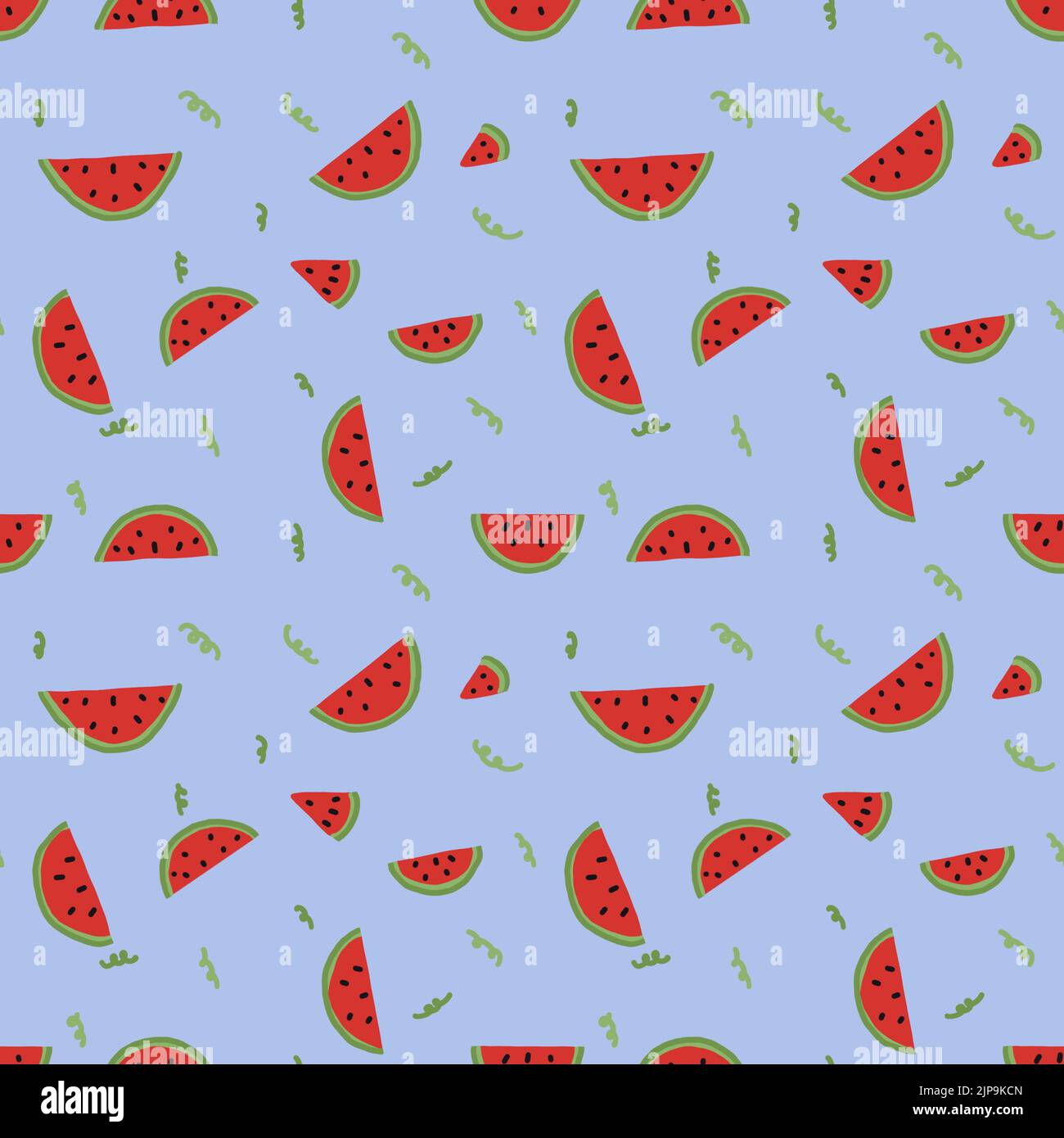 Illustrazione cocomero sfondo senza giunture. Sfondo blu con disposizione casuale di anguria. Foto Stock