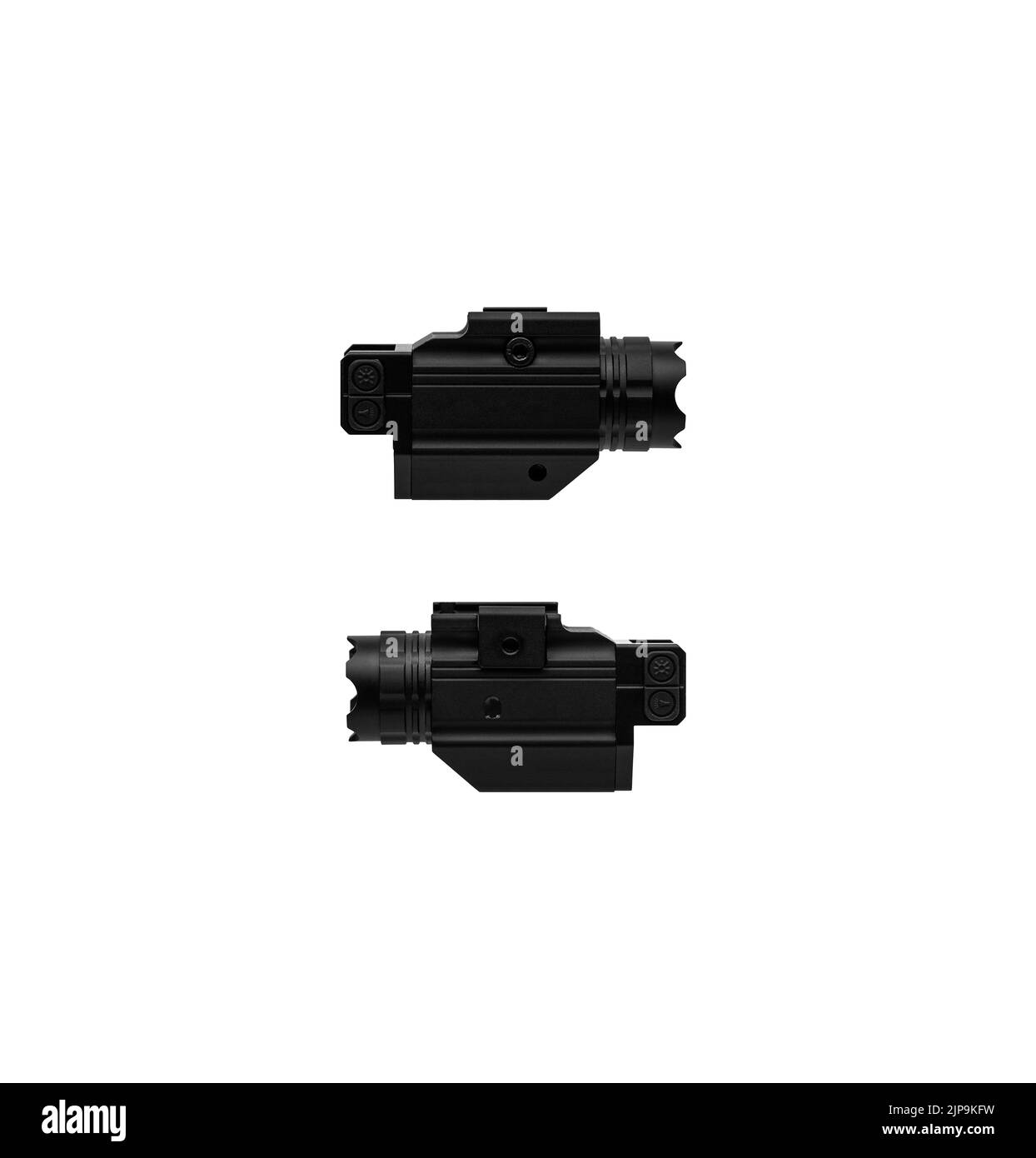 Moderna torcia a LED con supporto per arma. La torcia tattica underbarrel isola su sfondo bianco. Foto Stock