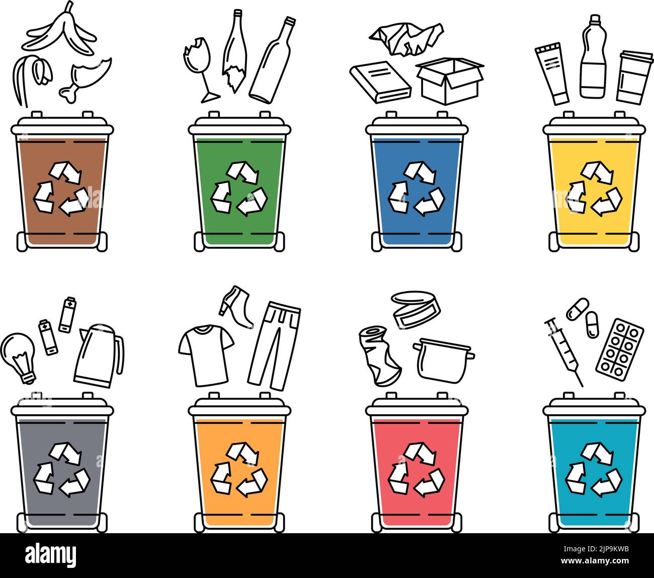 Set di contenitori per rifiuti per il riciclaggio di diversi tipi di rifiuti. Smistamento e riciclaggio dei rifiuti. Illustrazione vettoriale Illustrazione Vettoriale
