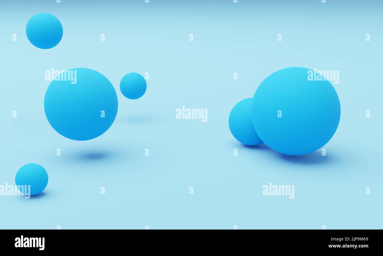 Le sfere di colore blu vengono posizionate su uno sfondo blu chiaro. Colori pastello, ombre morbide. Design astratto e moderno, rendering 3D. Foto Stock