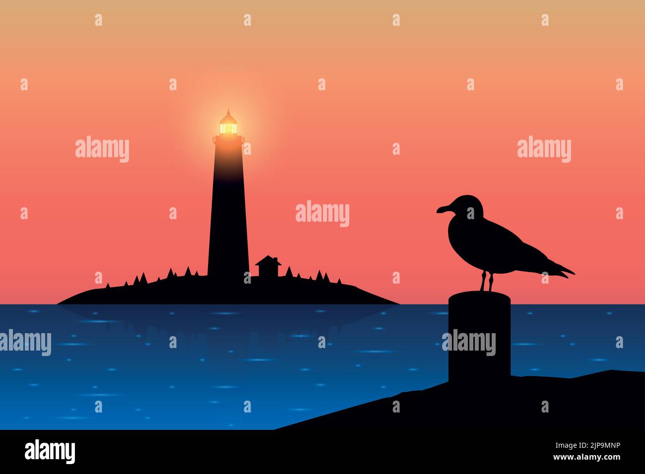 silhouette con gabbiano sul mare del faro di notte Illustrazione Vettoriale
