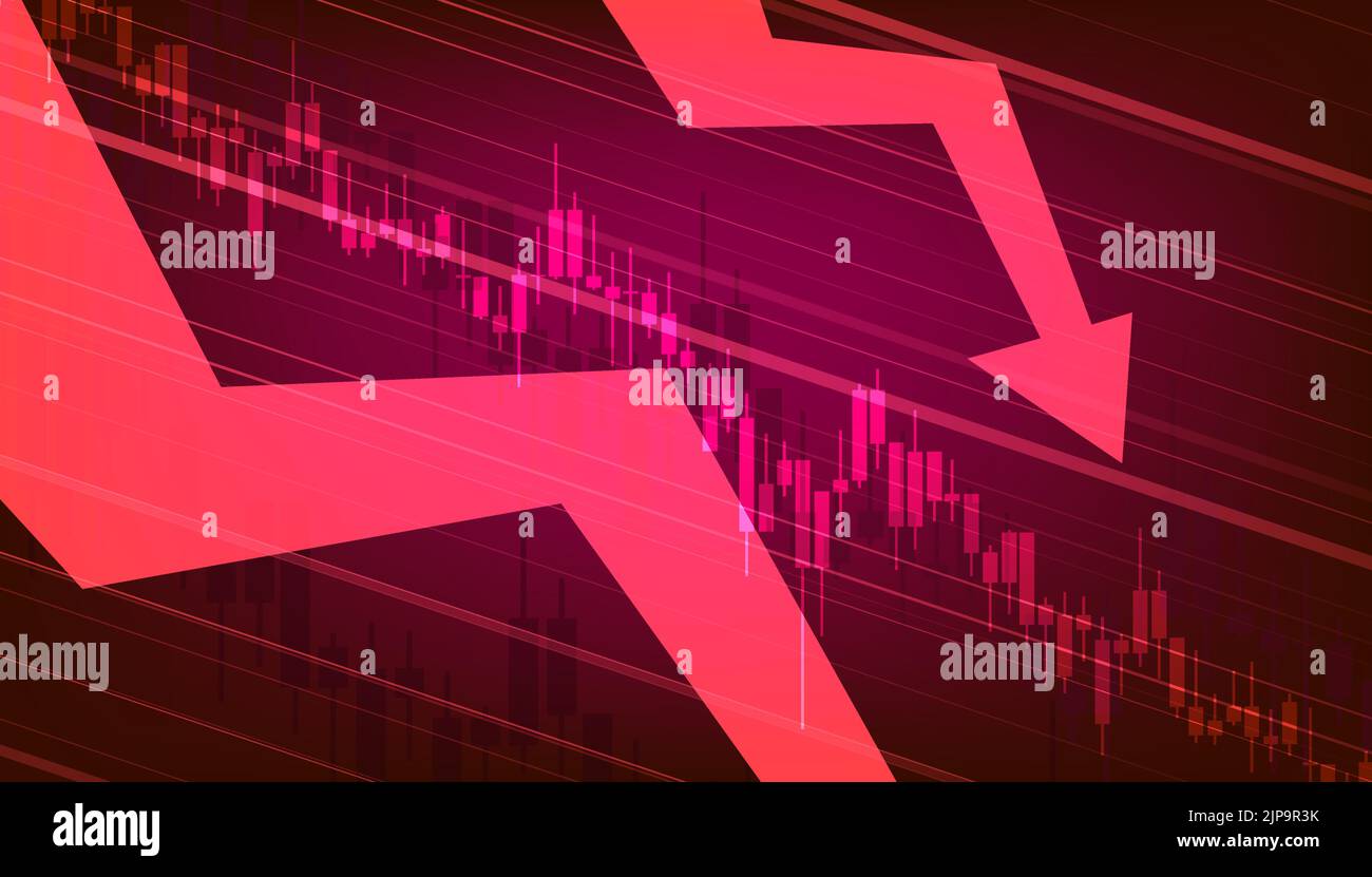 Gli stock cadono. Grafico del grafico del bastone della candela del commercio dell'investimento del mercato azionario. Punto rialzista, tendenza verso il basso del grafico. Tendenza futuristica del segnale rosso a discesa ar Illustrazione Vettoriale