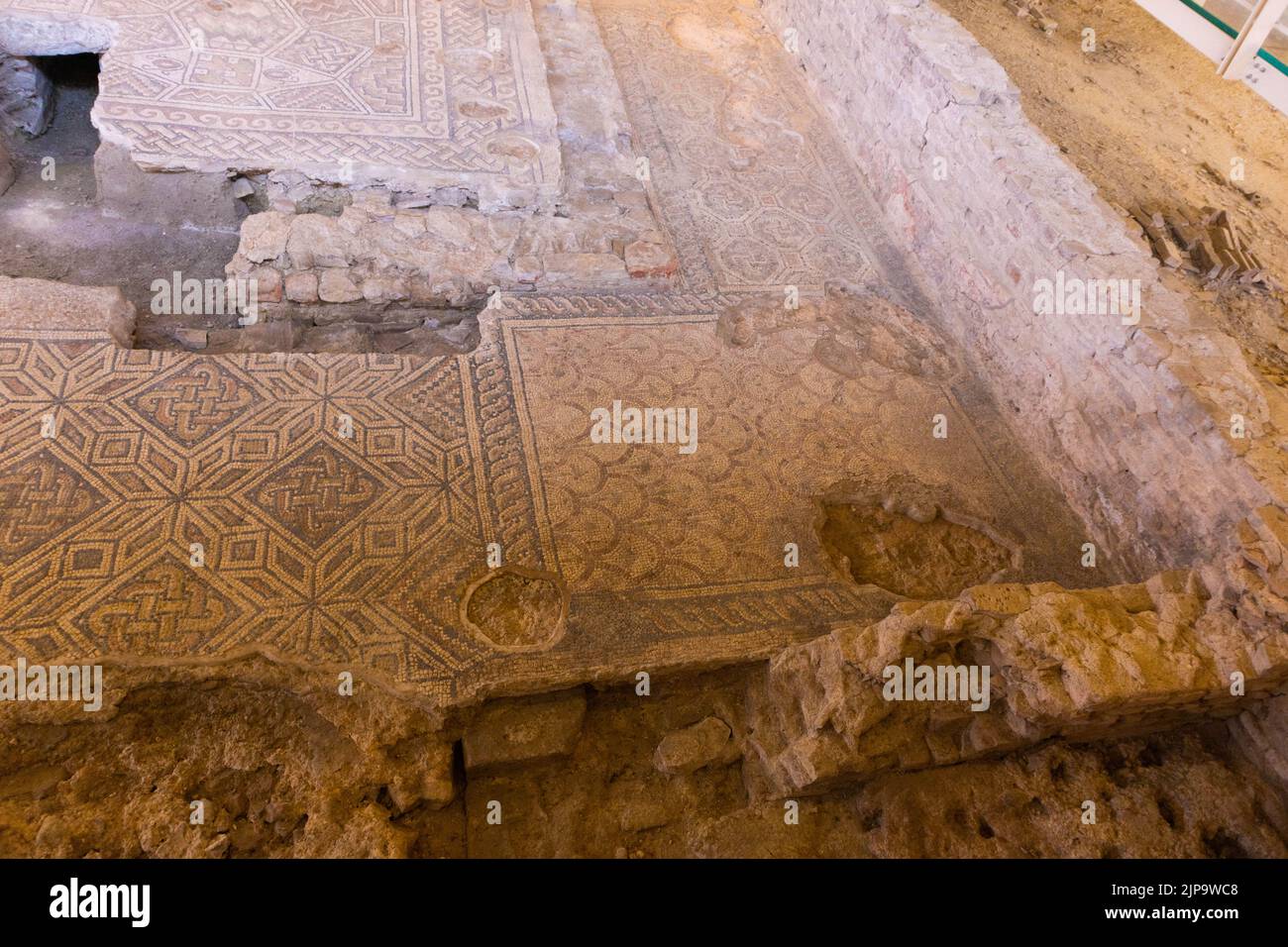 Scavi archeologici mosaici di una casa romana, Domus del Chirurgo. Rimini, Italia Foto Stock