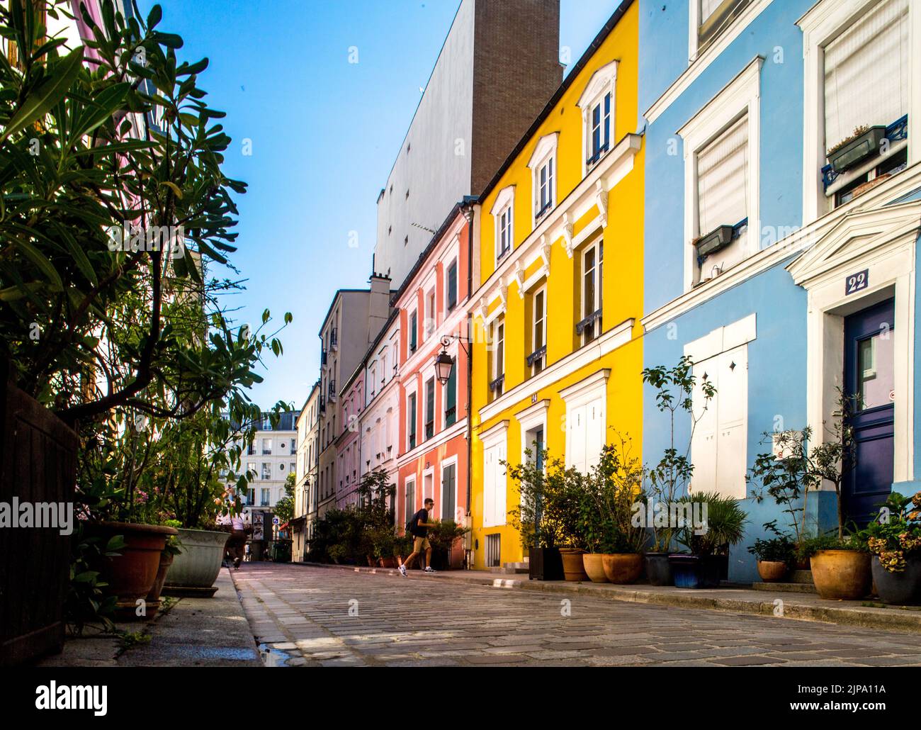 Francia. Parigi (75) 12th° arrondissement. Le facciate colorate delle case in rue Cremieux. Questa strada è senza dubbio una delle più colorate Foto Stock