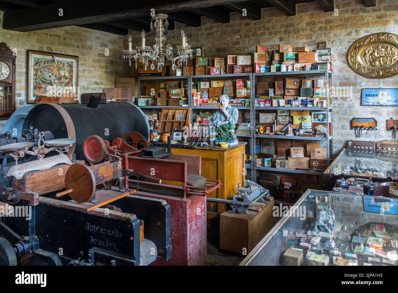 All'interno del tabaccheria del 20th ° secolo / tabaccheria con attrezzature d'epoca, museo all'aperto Bachten de Kupe, Izenberge, Fiandre Occidentali, Belgio Foto Stock