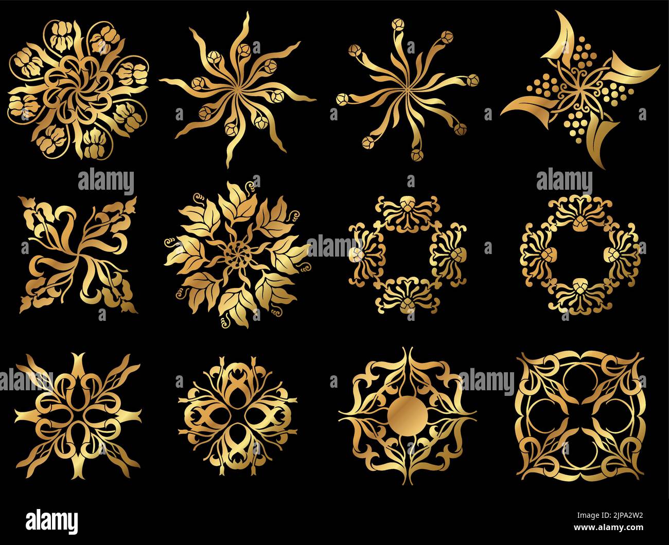 Un set di icone decorative floreali in oro vettoriale d'epoca. Illustrazione Vettoriale