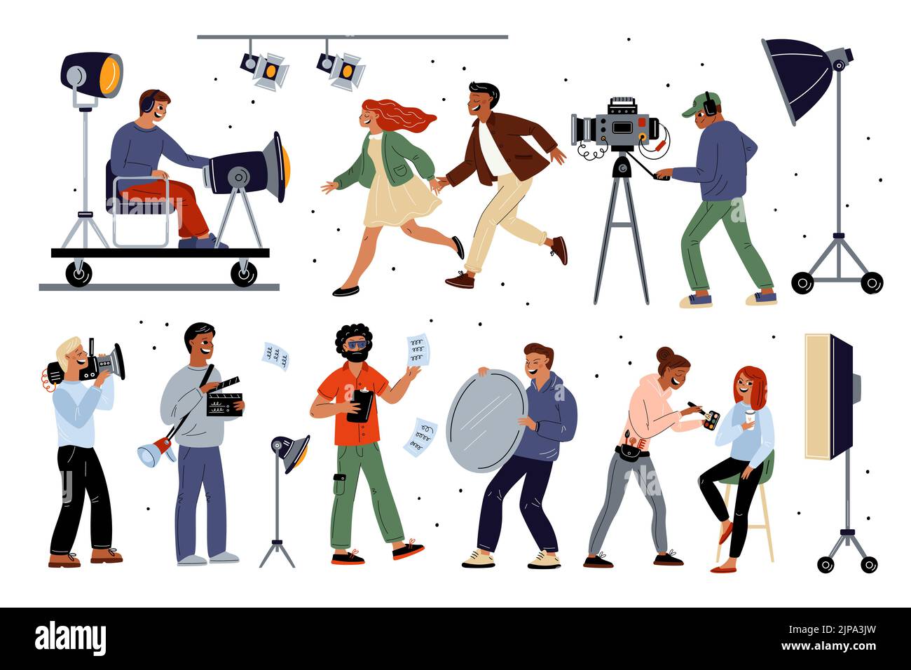 Industria cinematografica. Giorno lavorativo impostato. Produttori di produzione cinematografica. Direttore e operatori. Sfera di intrattenimento. Attori professionisti. Cinematografia Illustrazione Vettoriale