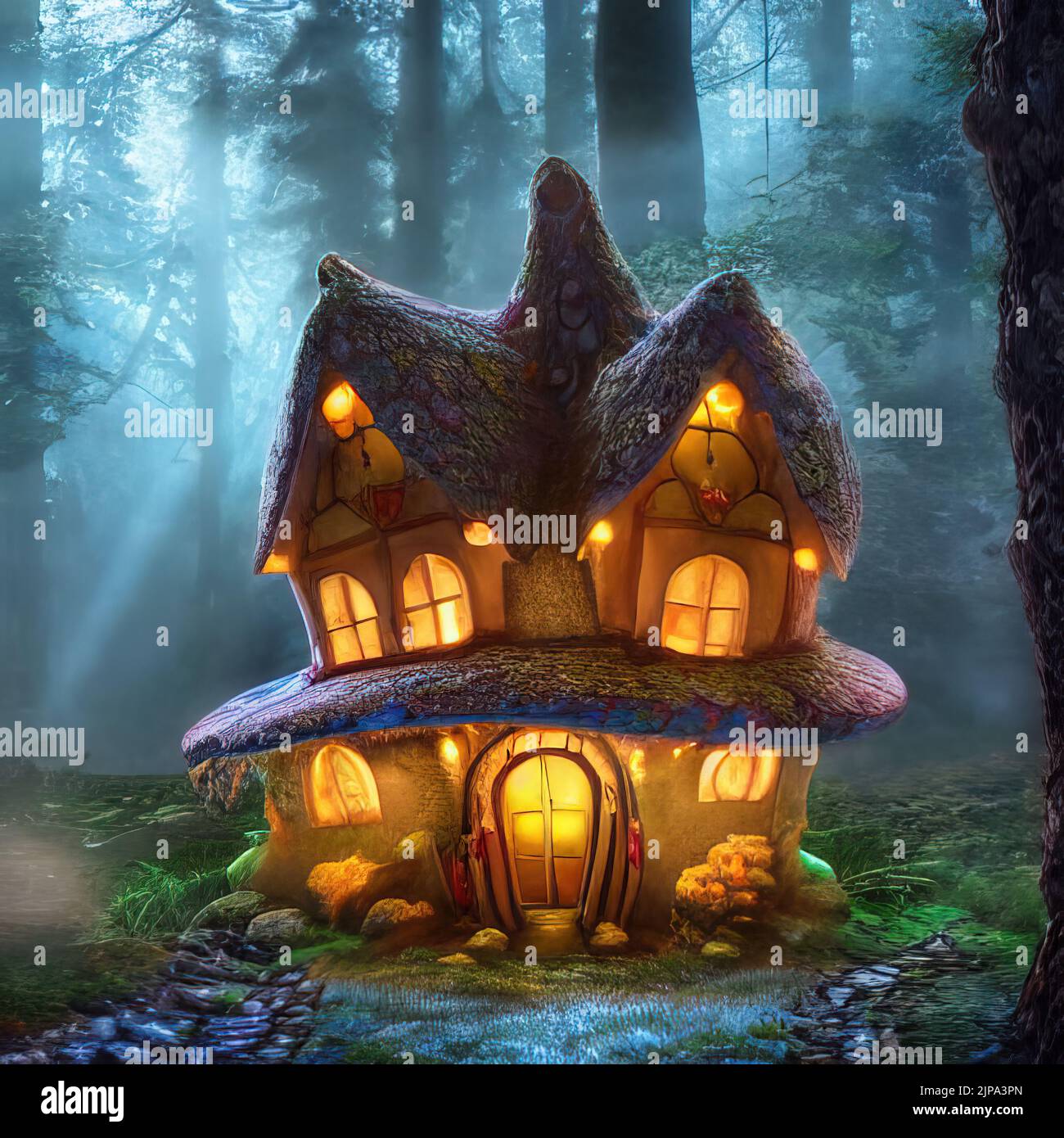 3d rendering di un piccolo cottage favoloso in foresta magica Foto Stock