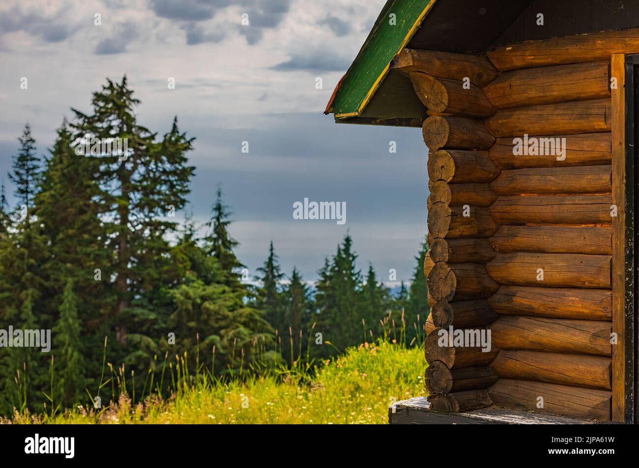 Vecchia capanna in legno nelle alpi di montagna nel paesaggio rurale estivo. Accogliente cabina in legno in una foresta. Gli escursionisti turistici in estate alloggio in montagna. Foto Stock