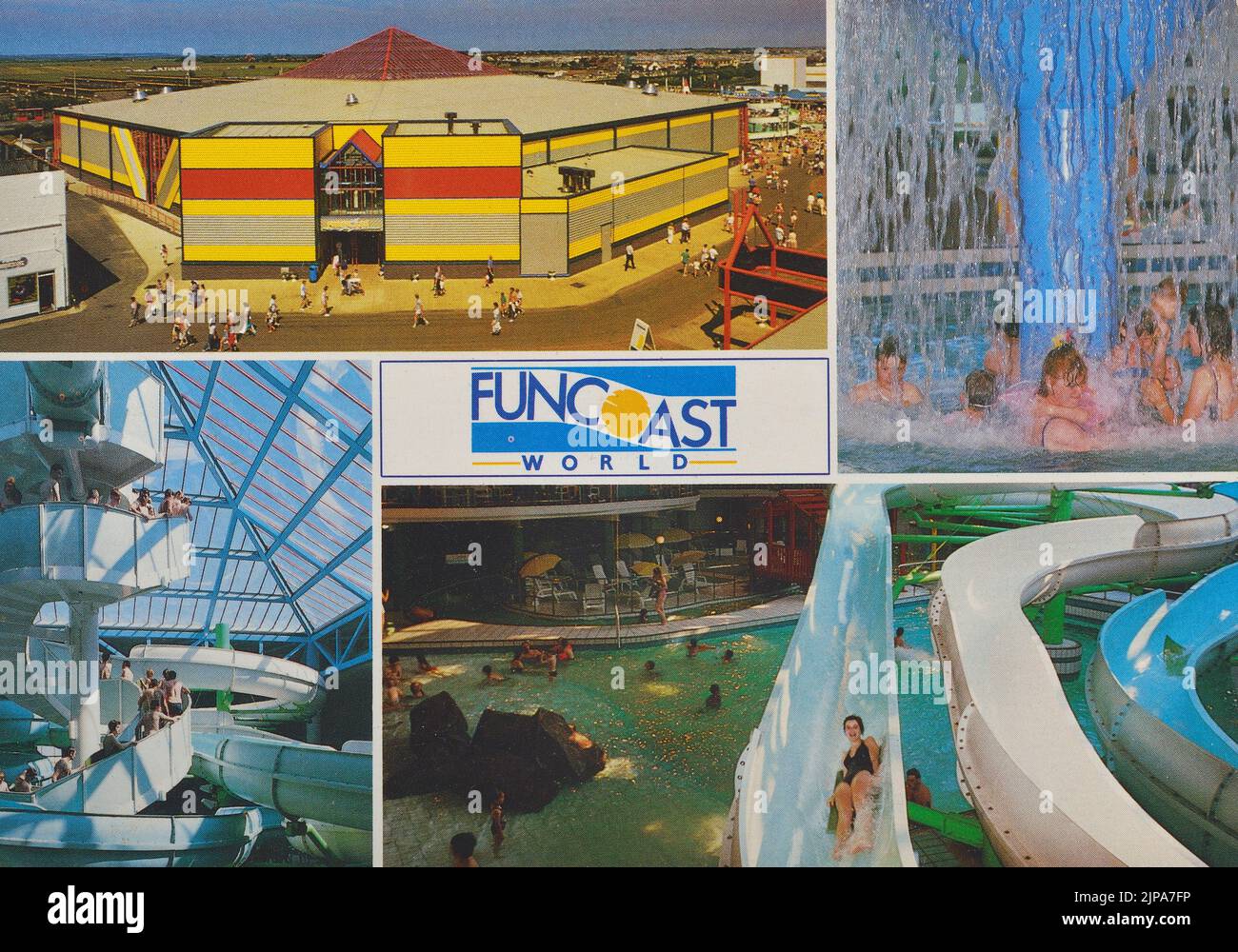 La cartolina degli anni '80 del Funcoast World mostra Funsplash, il nuovo complesso di piscine al coperto. Butlins Skegness. Lincolnshire, Inghilterra Foto Stock