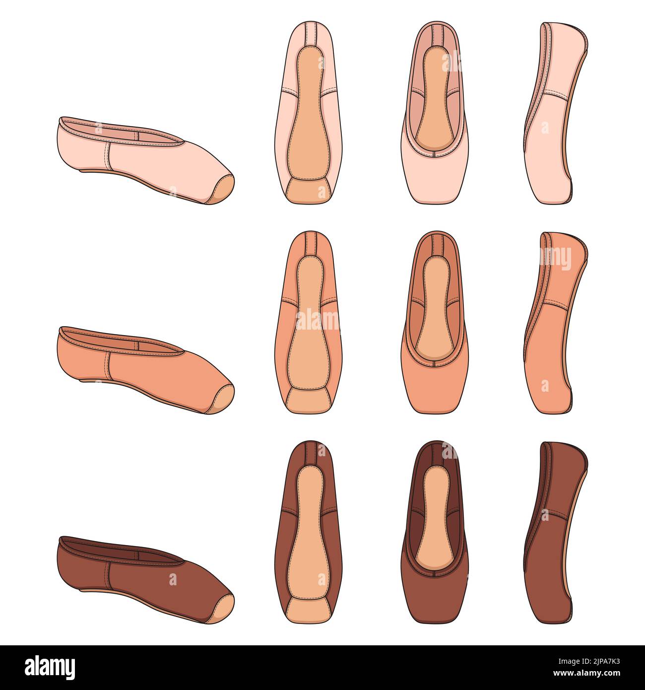 Set di illustrazioni a colori con scarpe a punta, scarpe da balletto. Oggetti vettoriali isolati su sfondo bianco. Illustrazione Vettoriale
