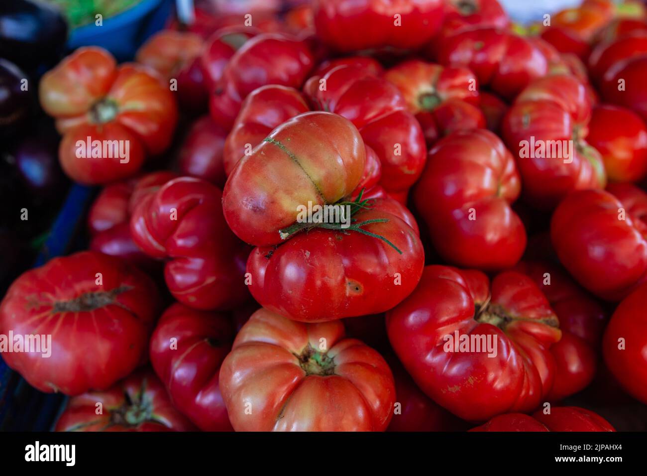 Gruppo di pomodori. Messa a fuoco selettiva. Pomodori coltivati localmente. Foto Stock