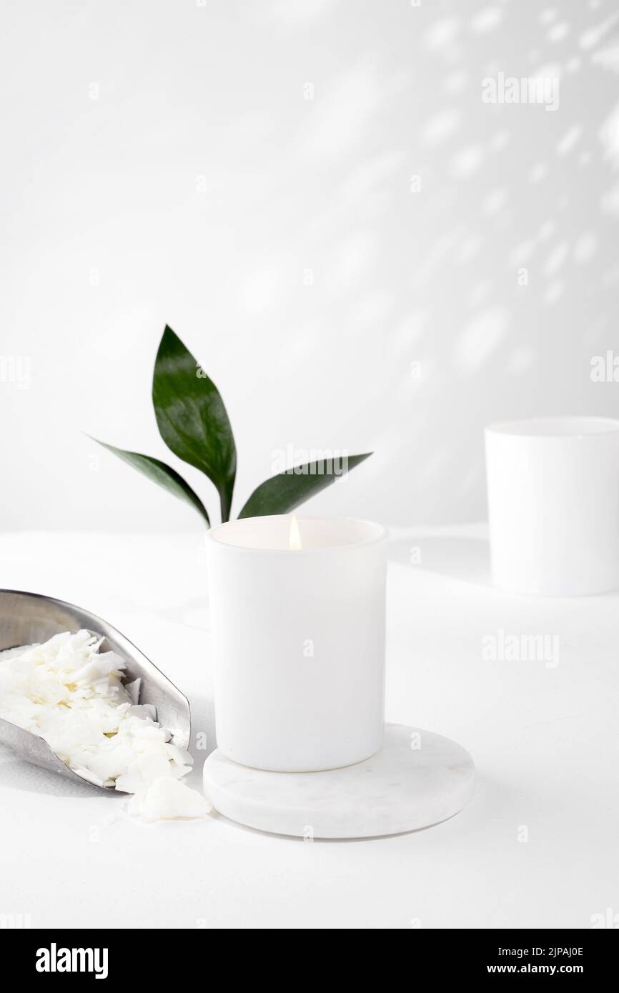 Cera di cocco, candela, stoppino su sfondo beige rosa. Set per candele di  cera di cocco naturali ecologiche fatte in casa. fai da te alla moda,  concetto fatto a mano Foto stock - Alamy