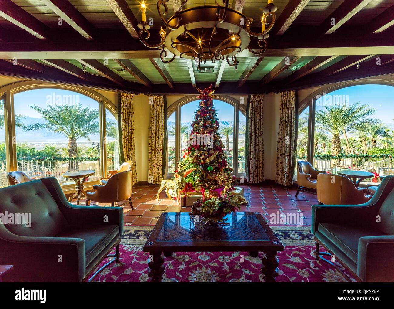 The INN at the Oasis Hotel, Furnace Creek, piscina e palme nel Desert Death Valley National Park, California, Nord America, Stati Uniti Foto Stock
