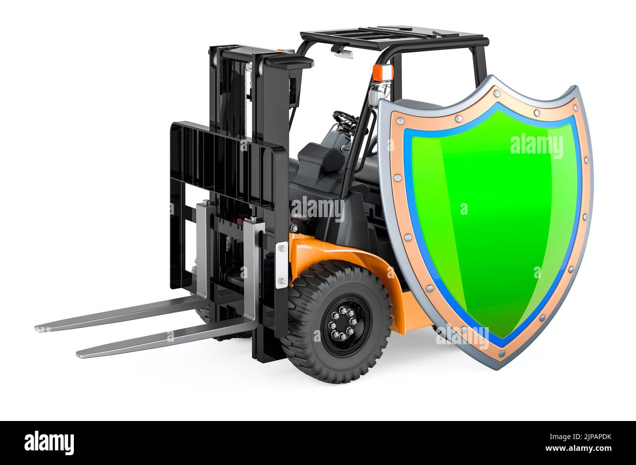 Carrello elevatore a forche con protezione, 3D rendering isolato su sfondo bianco Foto Stock