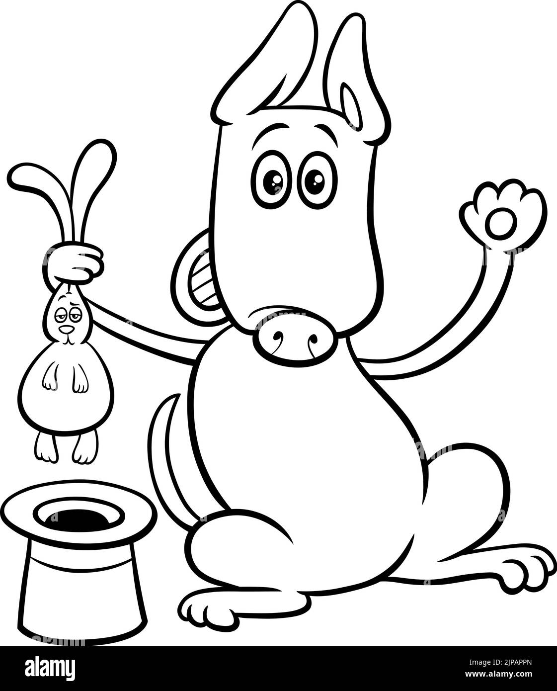 Illustrazione del cartone animato in bianco e nero di cane mago divertente che tira un coniglio da una pagina di colorazione del cappello superiore Illustrazione Vettoriale