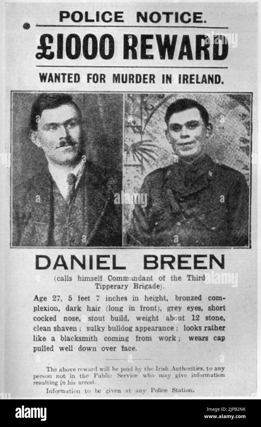 La polizia voleva un poster per Dan Breen, uno di quelli coinvolti nel Soloheadbeg Ambush nel 1919. Foto Stock