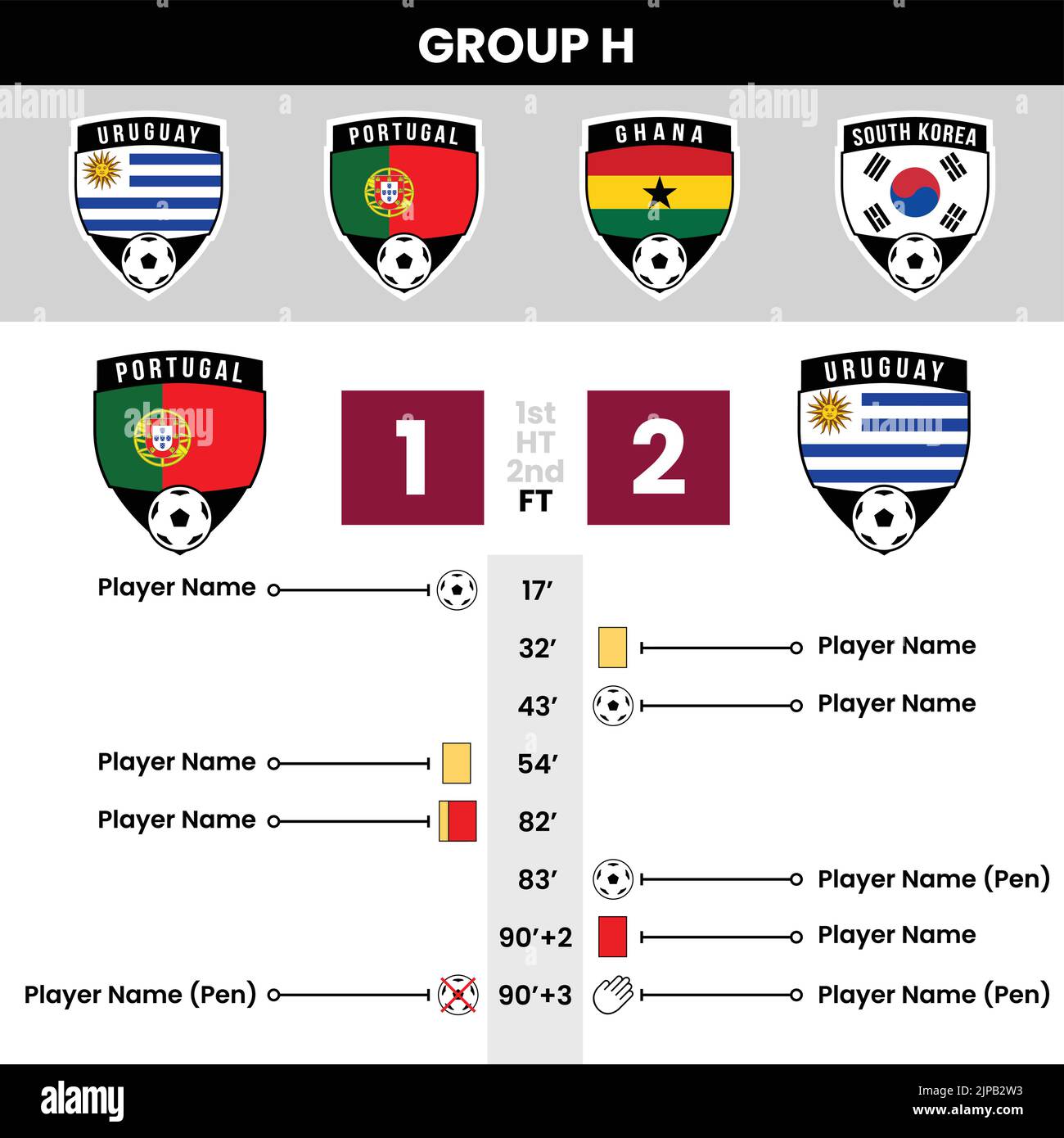 Eventi e dettagli delle partite di calcio con le icone della squadra a forma di scudo Illustrazione Vettoriale