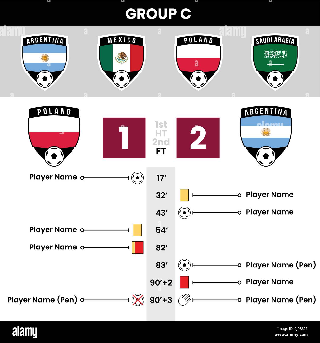 Eventi e dettagli delle partite di calcio con le icone della squadra a forma di scudo Illustrazione Vettoriale