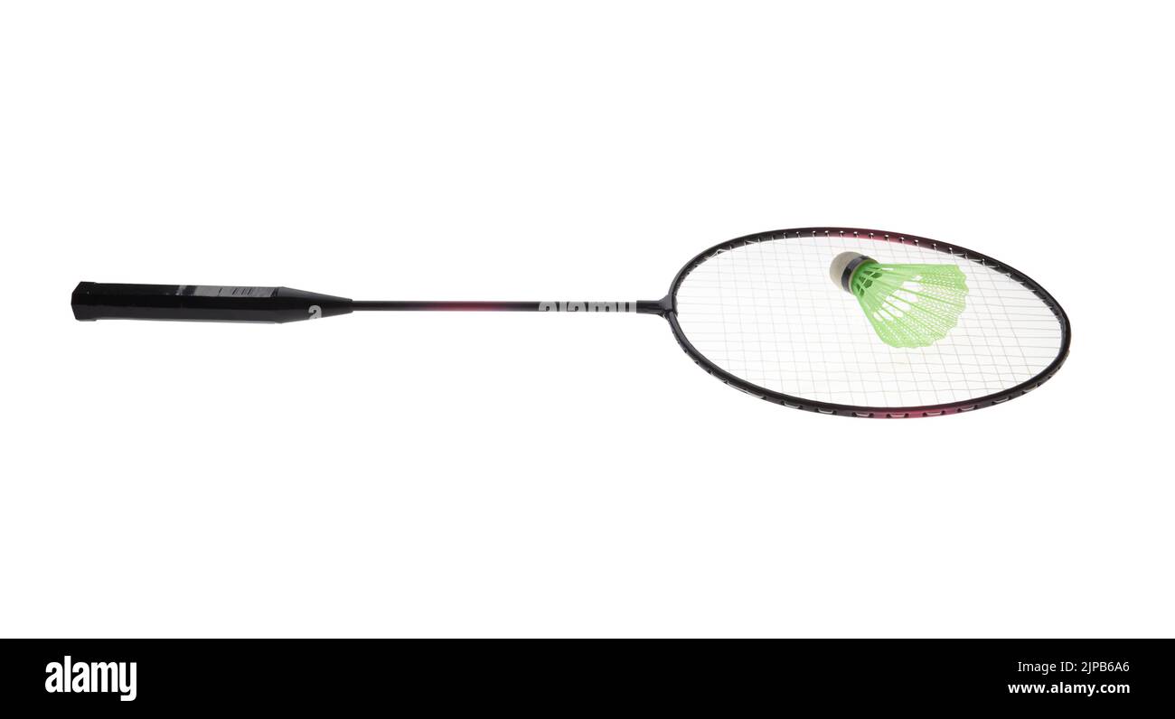 Badminton racchetta e volano isolati su sfondo bianco Foto Stock
