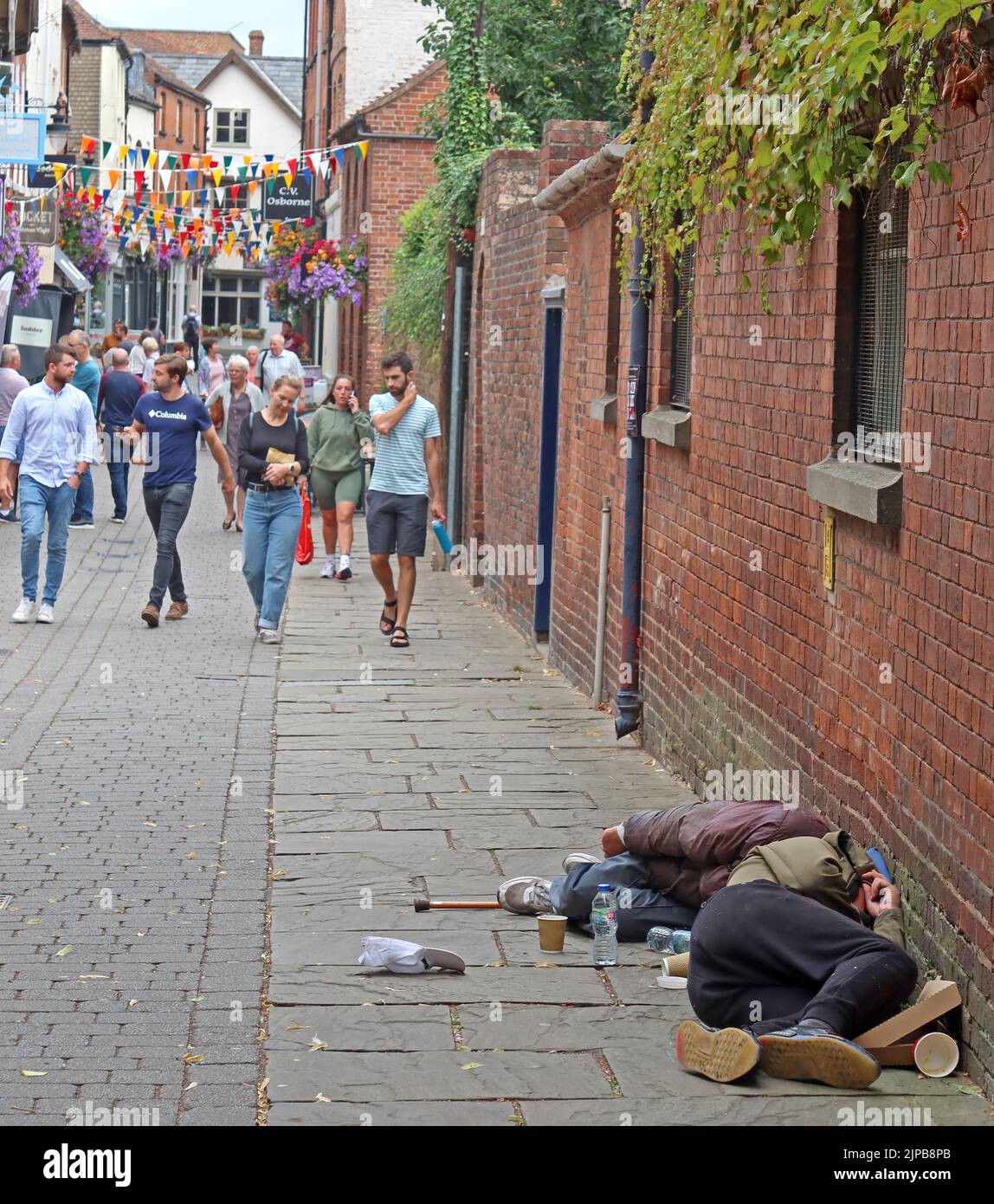 Traversine senza tetto in Church St , centro città, Hereford, Herefordshire, Inghilterra, REGNO UNITO, HR1 2LT Foto Stock