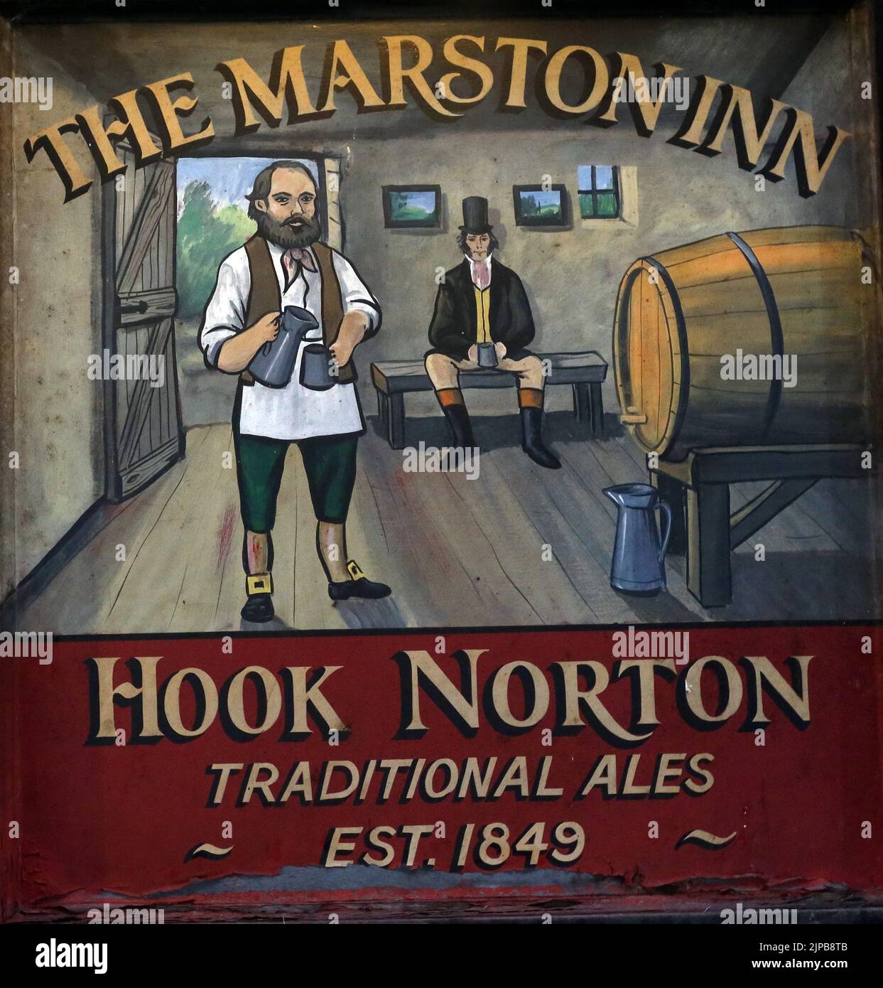 The Marston Inn - Hook Norton Ales classico segno pub, Oxfordshire artigianato birre, Hook Norton, Banbury, Oxen, Inghilterra, Regno Unito, OX15 5NY, Est 1849 Foto Stock
