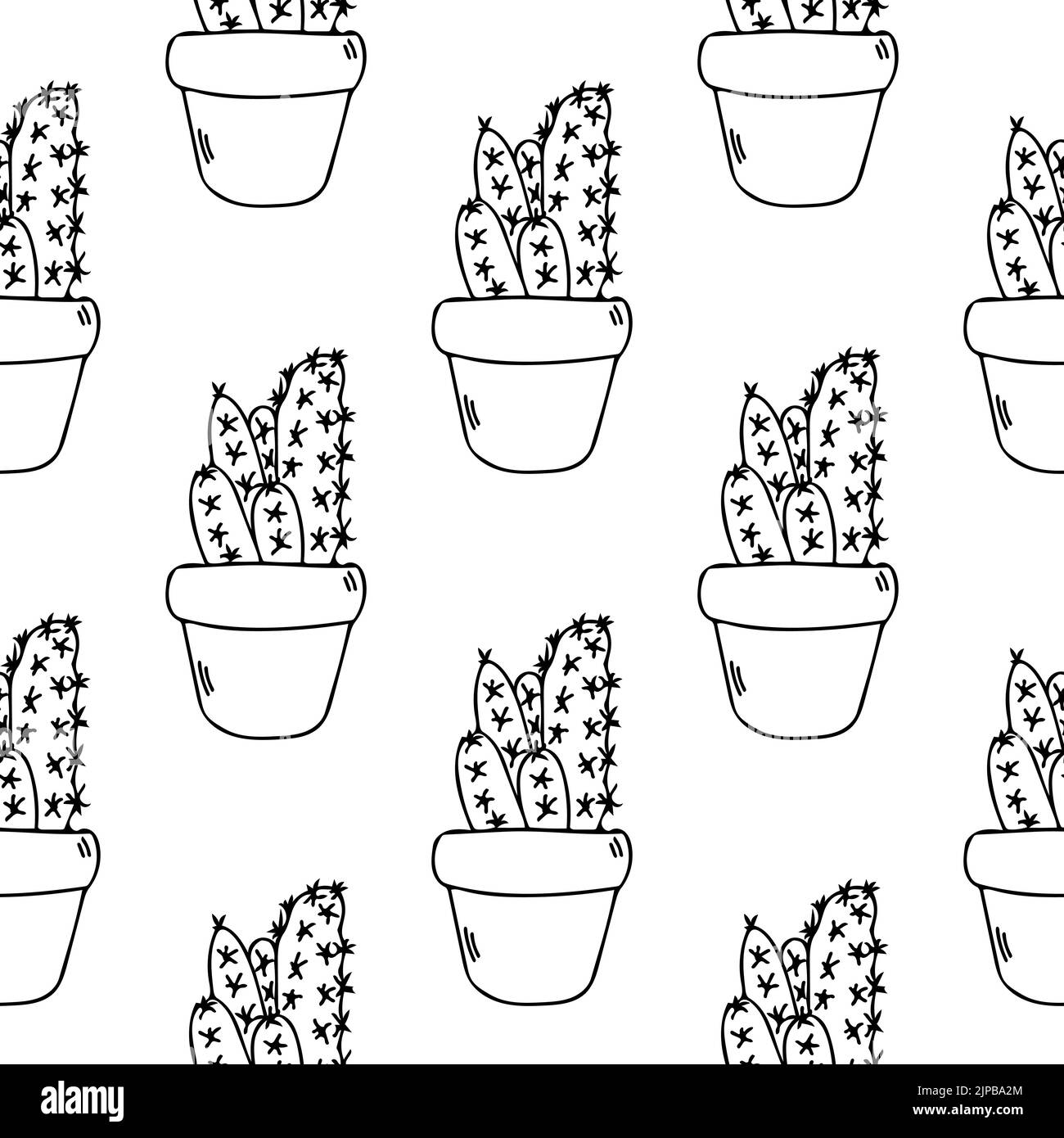 Cactus seamless pattern vettoriale line art. Carino nero succulente in illustrazione pentola. Cactus messicano casa in flowerpot Illustrazione Vettoriale