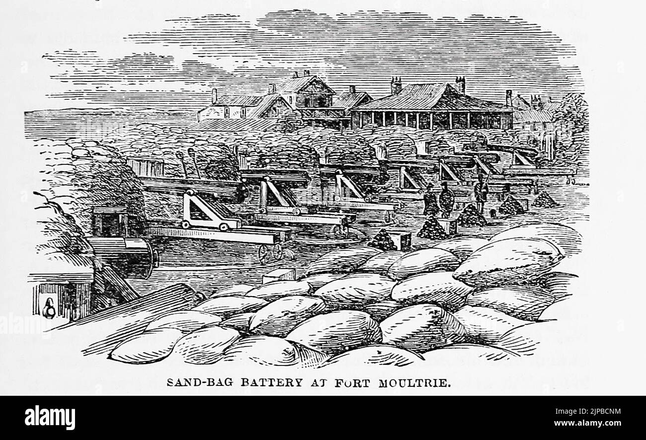 Batteria per sandbag a Fort Moultire, Sullivan's Island, South Carolina. Illustrazione della guerra civile americana del 19th secolo di George B. Herbert Foto Stock