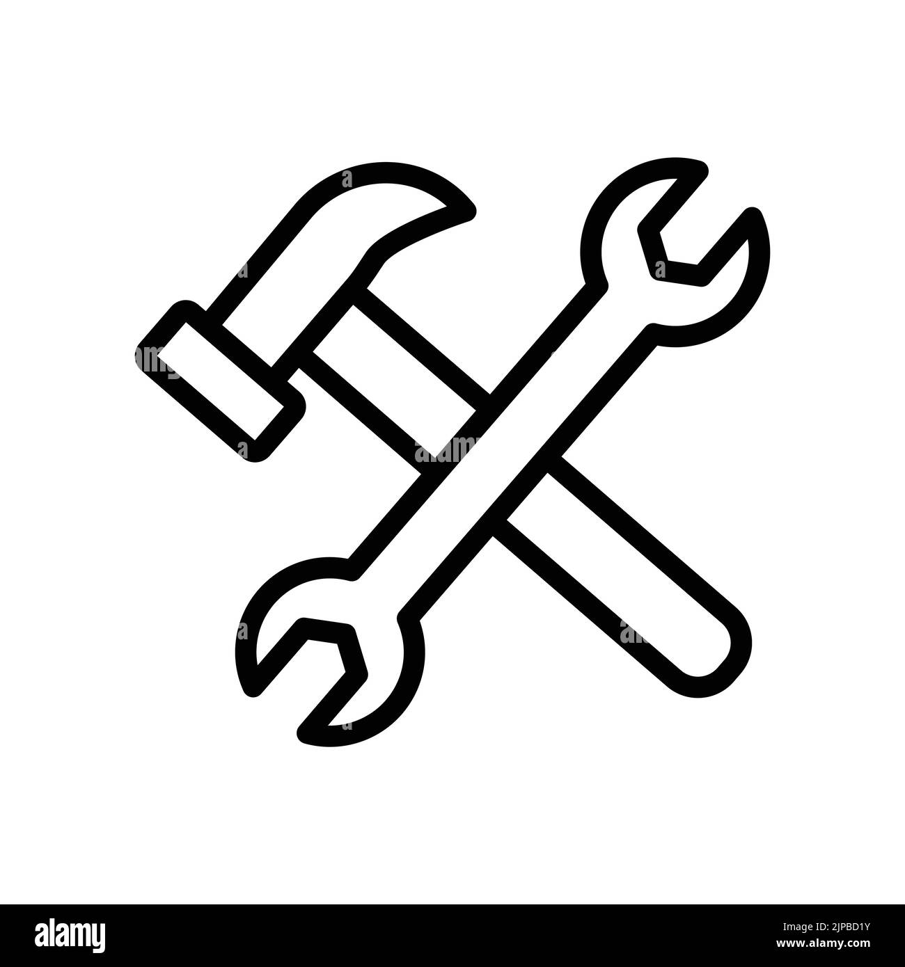 Icona a doppia chiave con martello. Icona relativa alla costruzione, alla giornata di lavoro. Stile icona linea. Design semplice modificabile Illustrazione Vettoriale