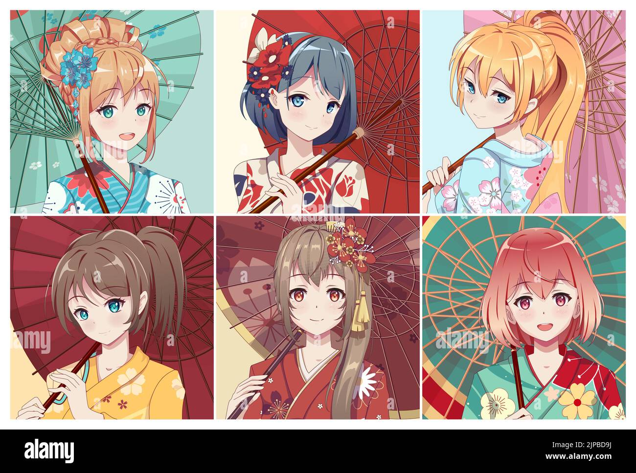 Set di simpatici personaggi anime avatar. In kimono e un ombrello. Ritratti di ragazze e ragazzi cartoni animati. Colorata collezione di illustrazioni disegnate a mano Illustrazione Vettoriale