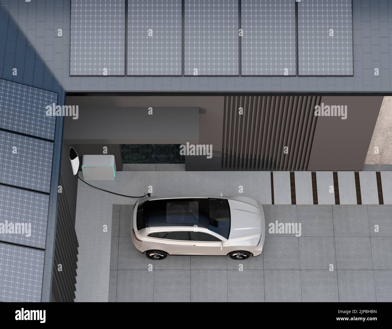 Vista dall'alto del SUV elettrico bianco che inonda nel garage di casa. Energia da energia solare. Immagine di rendering 3D. Foto Stock