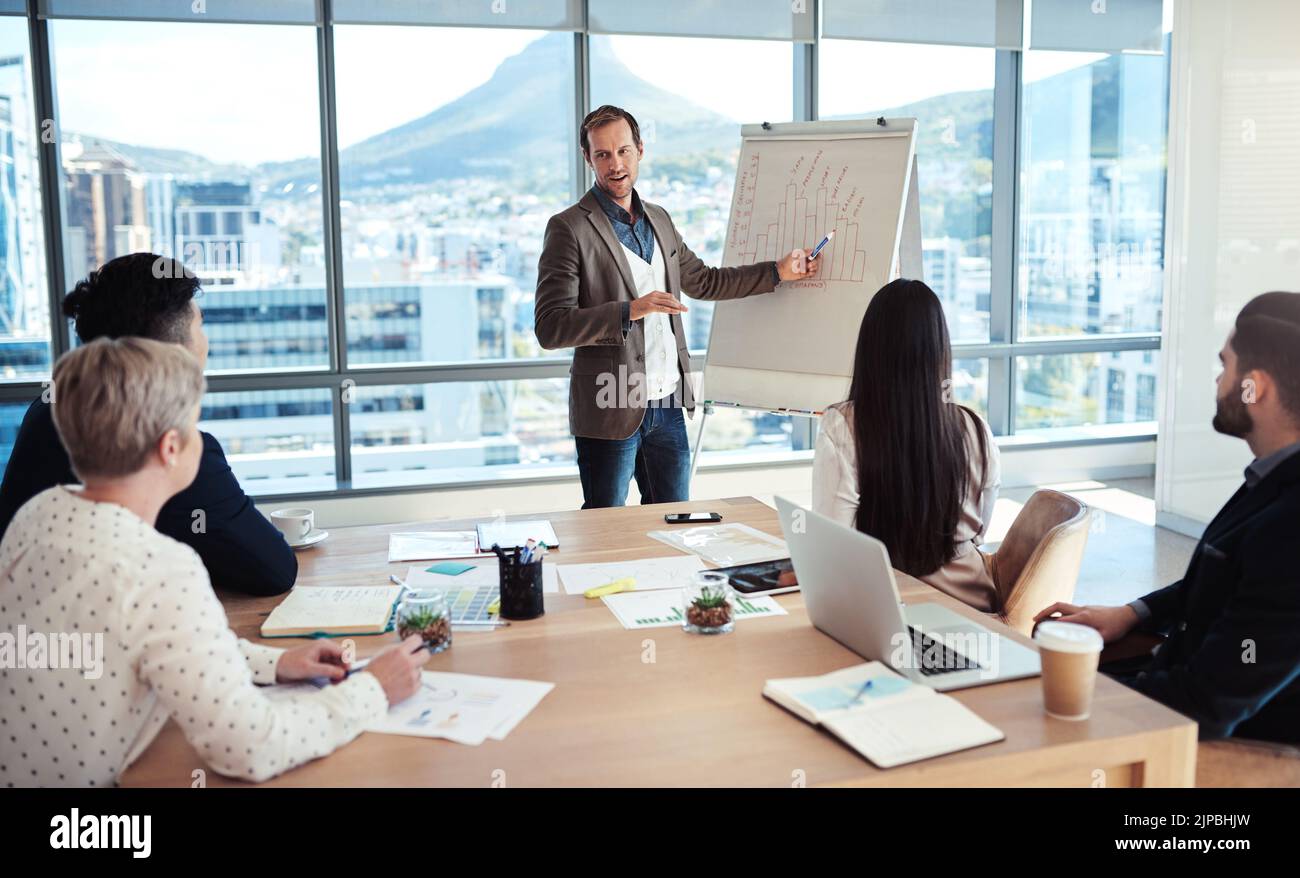 L'obiettivo è quello di capitalizzare su tutti i nostri piccoli mercati: Un uomo d'affari che presenta ai suoi colleghi in un ufficio. Foto Stock