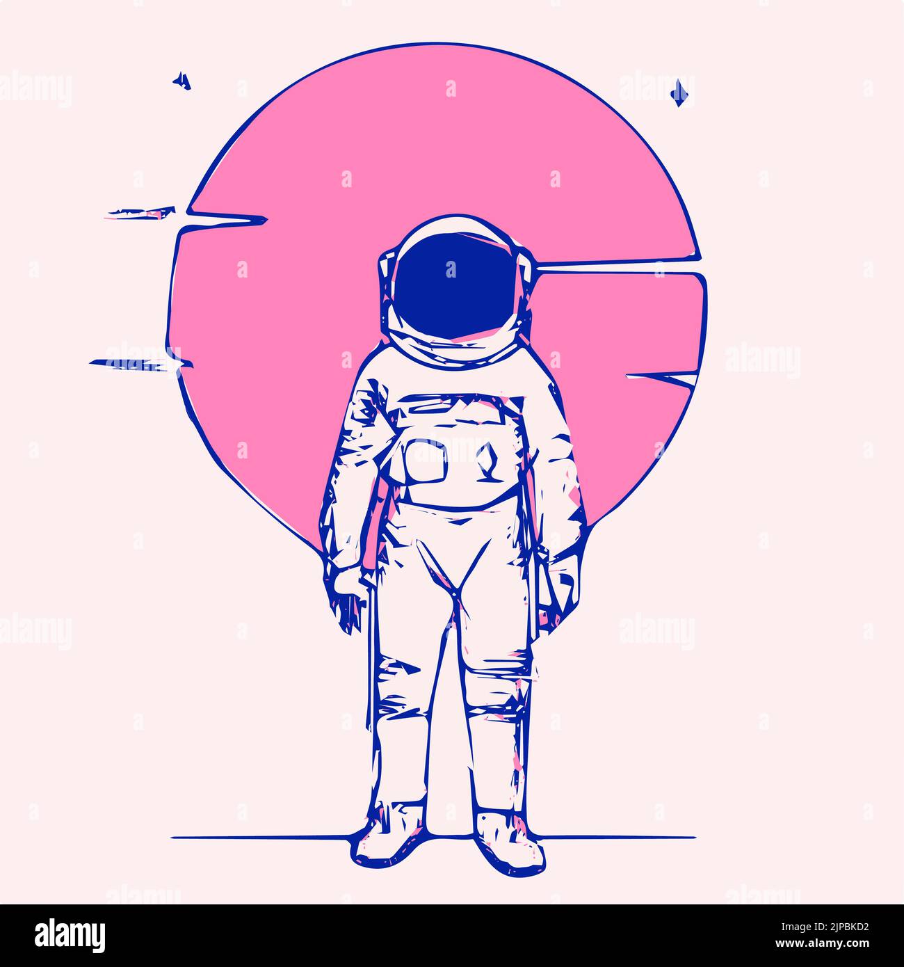 linea sci-fi arte di un astronauta con un pianeta sullo sfondo, con colori pastello palete Foto Stock