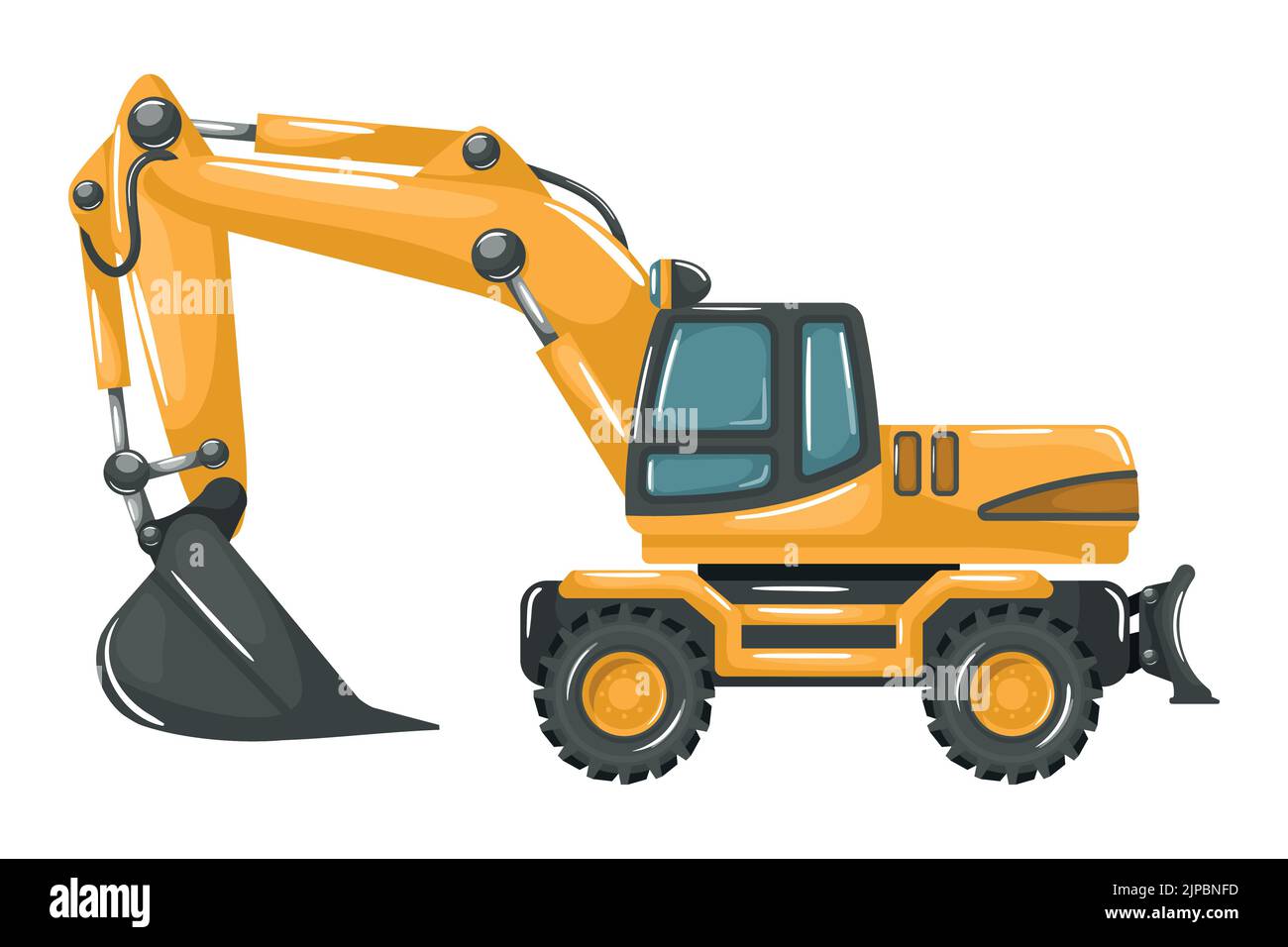Macchine pesanti per l'industria mineraria e delle costruzioni con escavatore gommati giallo stile cartoon Illustrazione Vettoriale
