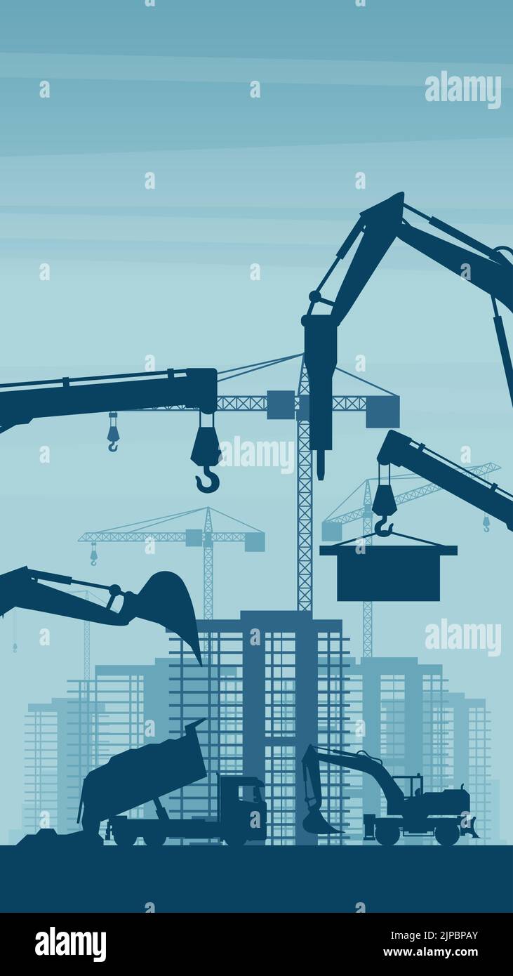 Sfondo mobile di macchinari pesanti come autocarri, escavatori gommati, che lavorano alla costruzione di edifici in una città Illustrazione Vettoriale