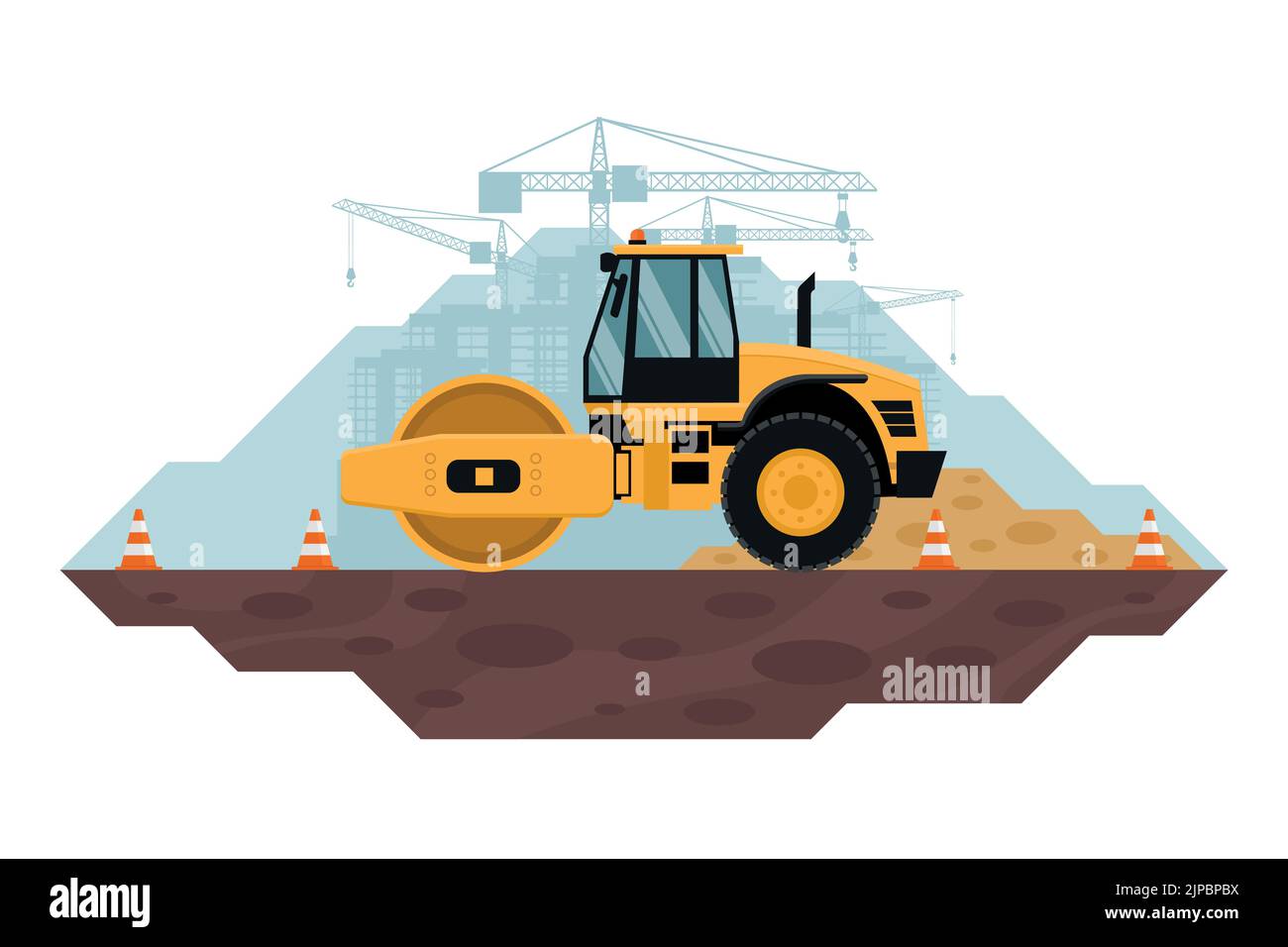 Compattatore per terreno che esegue lavori di livellamento e compattazione di terreni, macchinari pesanti utilizzati nell'industria edile e mineraria. Coni di sicurezza Illustrazione Vettoriale