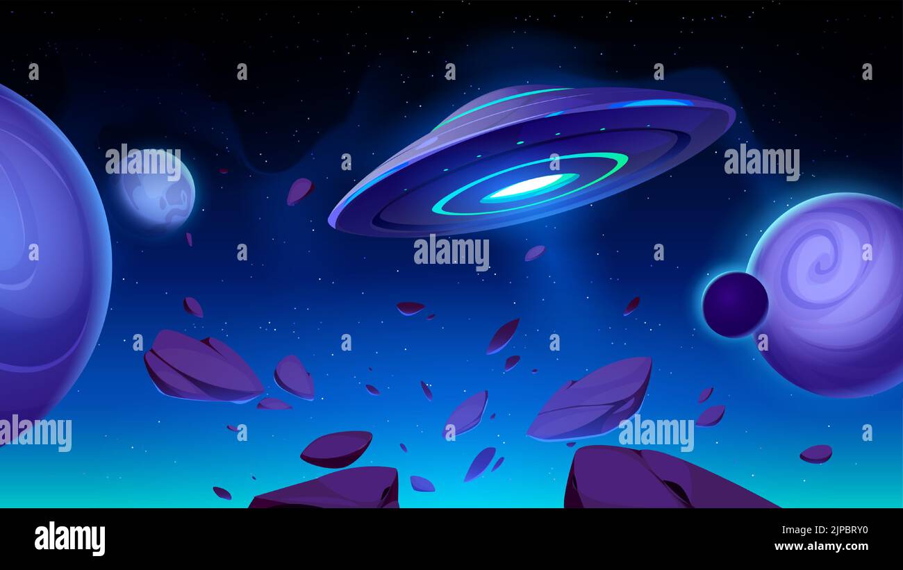 Piattino UFO nello spazio esterno con pianeti e stelle in cielo scuro. Astronave aliena con luci scintillanti che volano in galassia, cosmo o universo futuristico scena fantasy per il gioco per pc, Cartoon Vector Illustration Illustrazione Vettoriale