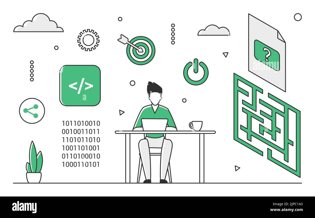 Sviluppo del codice software. Sviluppatori lavoro di squadra, programmazione di app e illustrazione vettoriale monocromatica di un ingegnere addetto alla garanzia della qualità Illustrazione Vettoriale