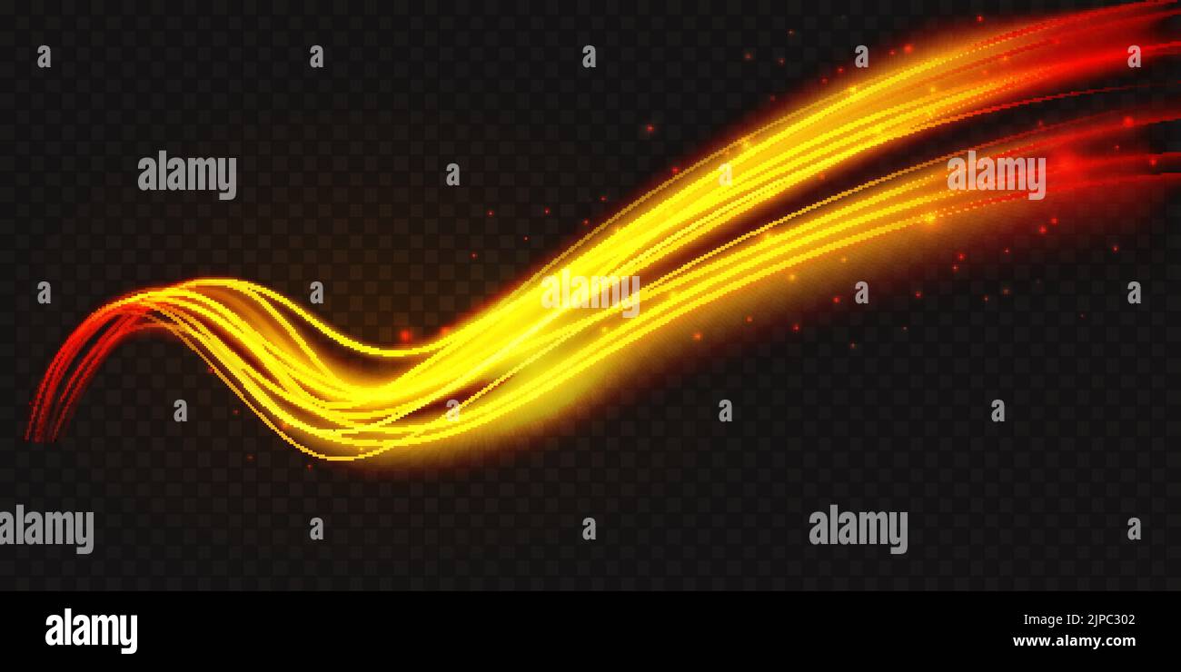 Forma d'onda luminosa al neon, illustrazione astratta del vettore effetto luce. Fuoco incandescente ondulato oro arancione luminoso che scorre linee curve, magica energia bagliore movimento particella isolato sfondo nero trasparente. Illustrazione Vettoriale