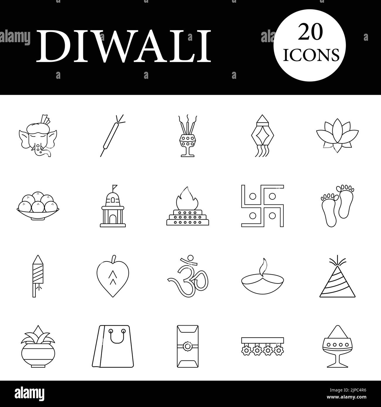Isolated Diwali -20 icone Line Art Set su sfondo bianco. Illustrazione Vettoriale