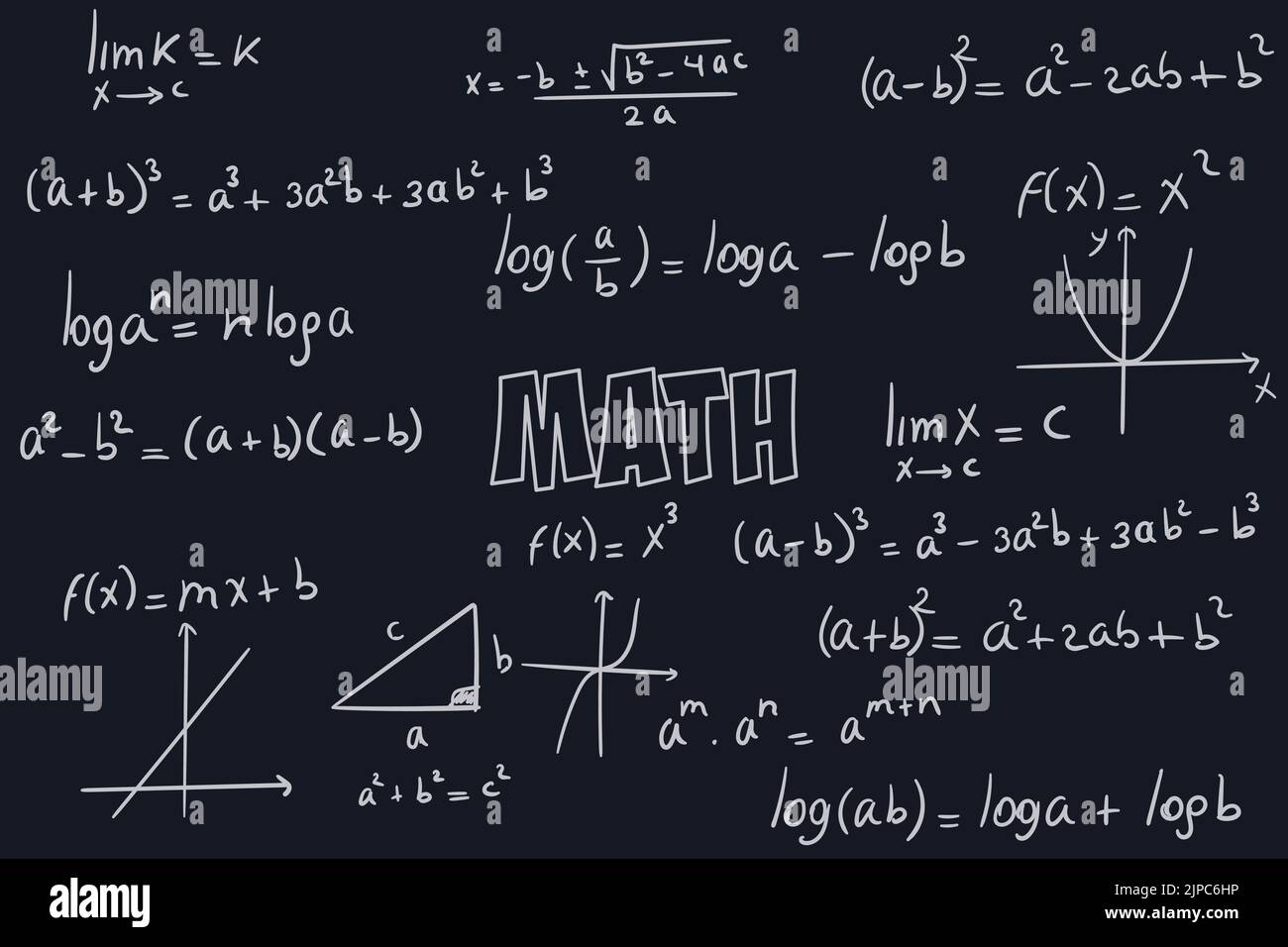 Note di esercizi, formule ed equazioni di calcolo matematico con sfondo nero a lavagna Illustrazione Vettoriale