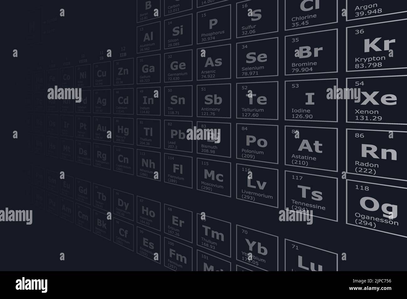 Sfondo della tavola periodica degli elementi chimici con il loro numero atomico, peso atomico, nome dell'elemento e simbolo in prospettiva su una b nera Illustrazione Vettoriale