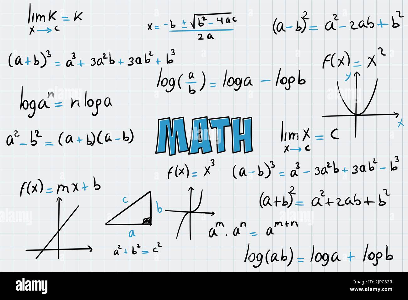 Esercizi matematici, formule ed equazioni per il calcolo, algebra con sfondo a griglia Illustrazione Vettoriale