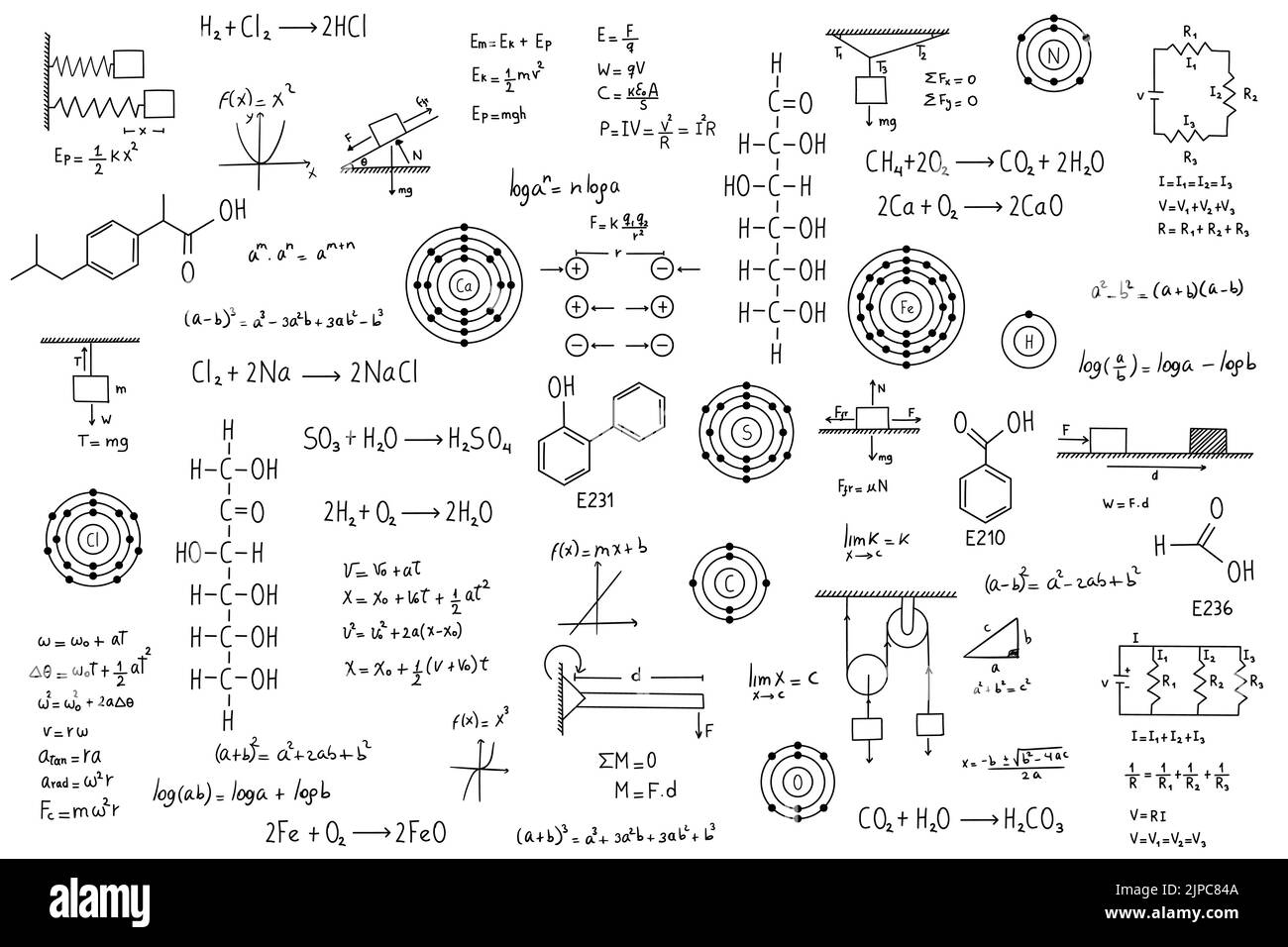 Equazioni di calcolo, algebra, chimica organica, reazioni chimiche, elementi chimici, fisica, movimento rettilineo, statica, elettromagnetismo, frictio Illustrazione Vettoriale