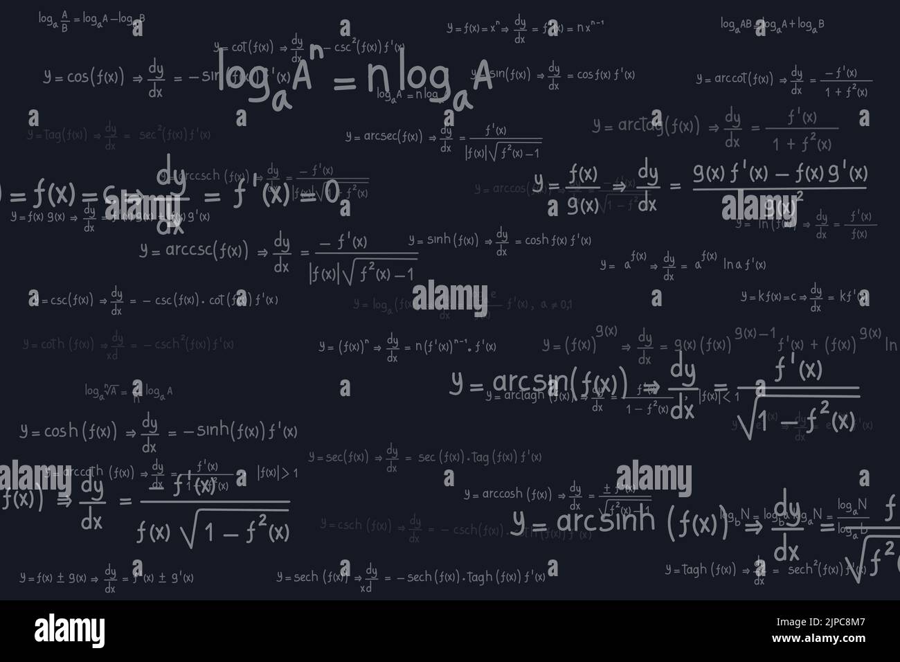 Equazioni e formule logaritmiche, derivate, trigonometriche, logaritmiche, iperboliche e inverse su sfondo nero Illustrazione Vettoriale