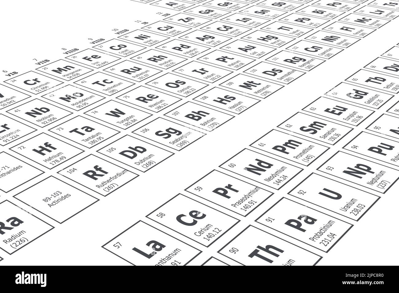 Sfondo prospettico della tavola periodica degli elementi chimici con il loro numero atomico, peso atomico, nome dell'elemento e simbolo su un dorso bianco Illustrazione Vettoriale