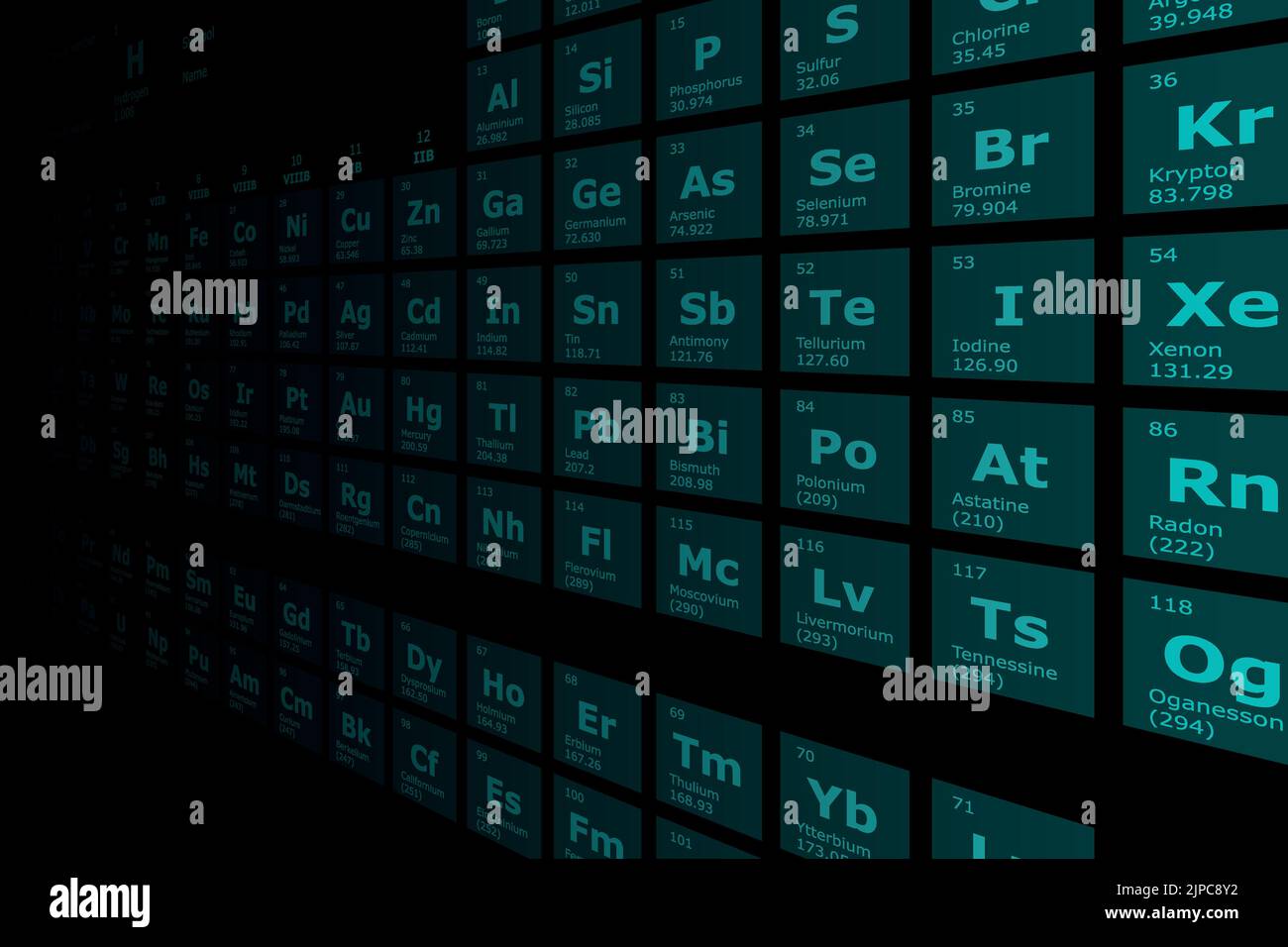 Sfondo della tavola periodica degli elementi chimici con il loro numero atomico, peso atomico, nome dell'elemento e simbolo in prospettiva su una b nera Illustrazione Vettoriale