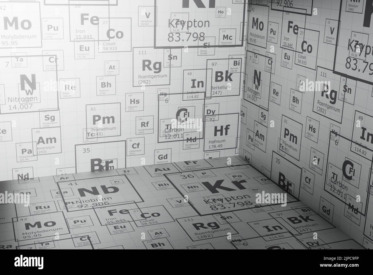 3d sfondo della carta degli elementi periodici delle tabelle, background scientifico ed ingegneristico Foto Stock