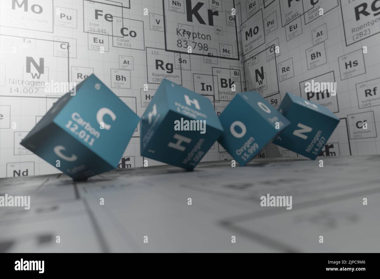 3D rappresentazione degli elementi della tavola periodica, carbonio, idrogeno, ossigeno e azoto, contesto per l'istruzione, scienza, tecnologia ed engineeri Foto Stock