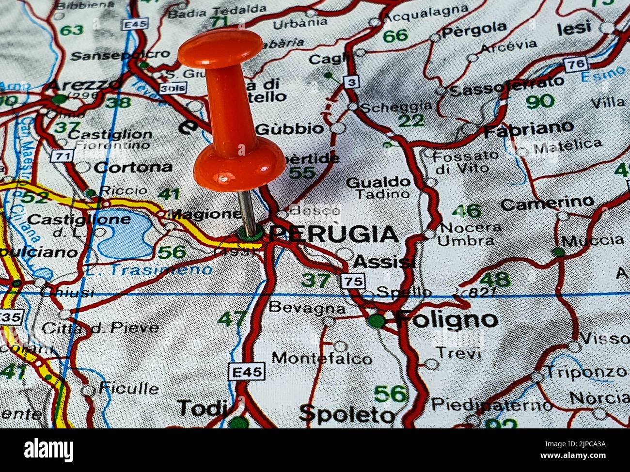 Una posizione della città di Perugia fissata su una mappa dell'Italia Foto Stock